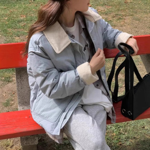 venie现H25冬款韩国东大门宽松显瘦复古撞色灯芯绒翻领羽绒服外套