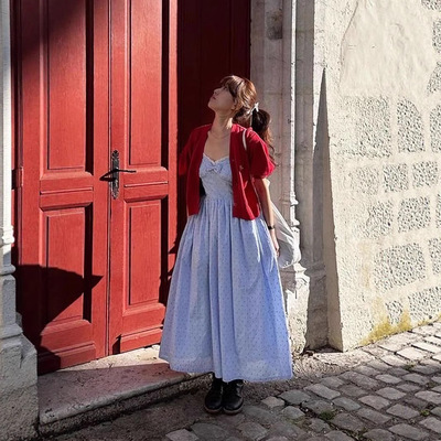 韩国东大门波点V领吊带连衣裙女