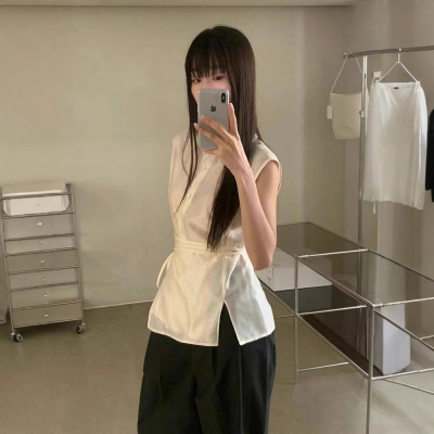 纯色收腰显瘦系带简约无袖衬衫女