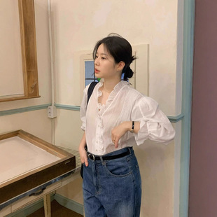 viaplain现H25秋款韩国东大门宽松纯色V领微透褶皱灯笼袖上衣衬衫