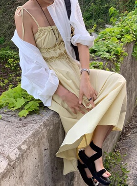 hmode现H25夏款韩国东大门黄色显瘦纯棉抽绳吊带连衣裙长裙仙女裙