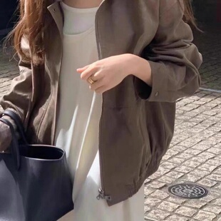 ounce现H25秋款韩国东大门复古棕色做旧松弛感宽松翻领皮夹克皮衣