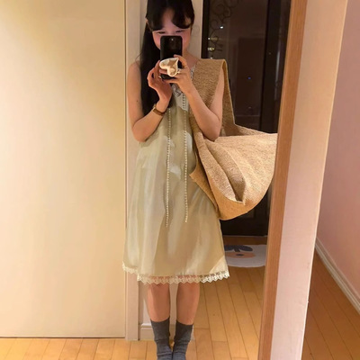 韩国pebble绿色蕾丝背心连衣裙女