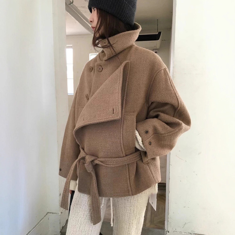 韩国breathe羊毛系带毛呢外套女