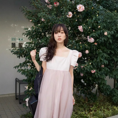 韩国fletta方领拼接短袖连衣裙女