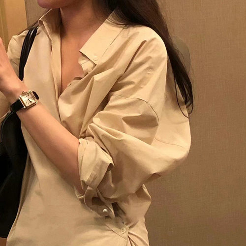 ounce现H26夏款韩国东大门宽松休闲纯色百搭不规则纽扣衬衫连衣裙