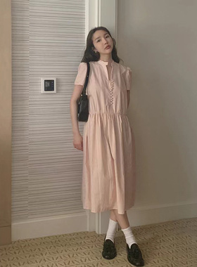 Dearest现货25秋款韩国东大门复古宽松竖条纹V领单排扣短袖连衣裙