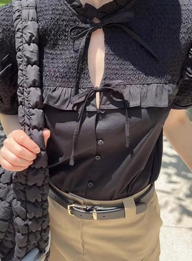 helder现货25夏款韩国东大门纯棉蝴蝶结系带休闲宽松花边短袖衬衫