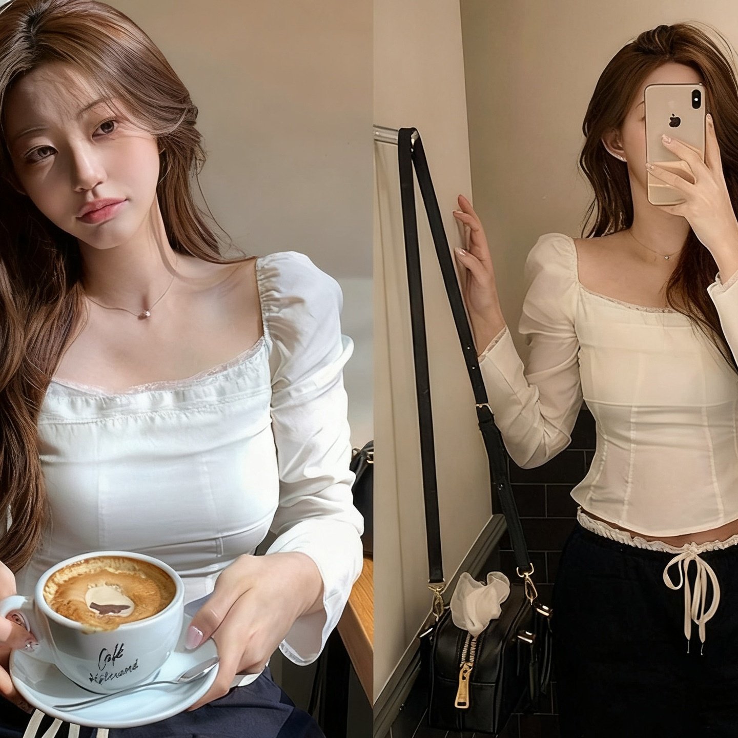 zaenio现货26春款韩国东大门纯色方形领蕾丝边修身显瘦收腰衬衫女