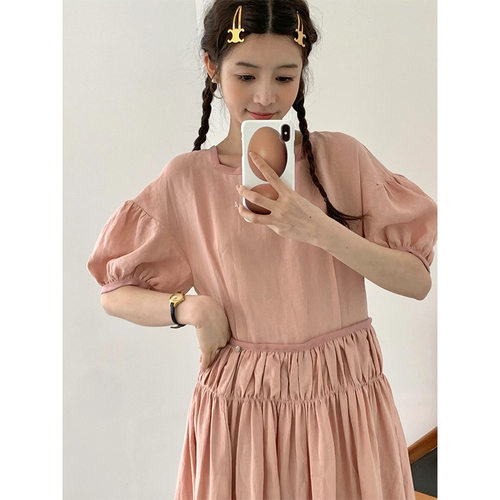 egg现H26夏款韩国东大门甜美可爱少女氛围感方领褶皱泡泡袖连衣裙