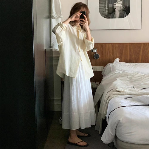 ounce现H26夏款韩国东大门纯色宽松显瘦休闲百搭翻领慵懒风衬衫女