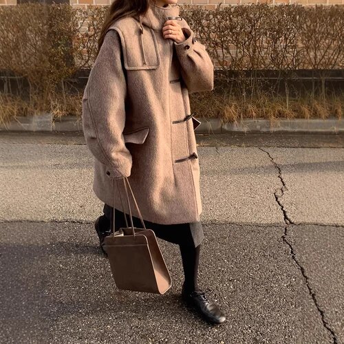 LFM羊毛羊驼连帽牛角扣大衣外套