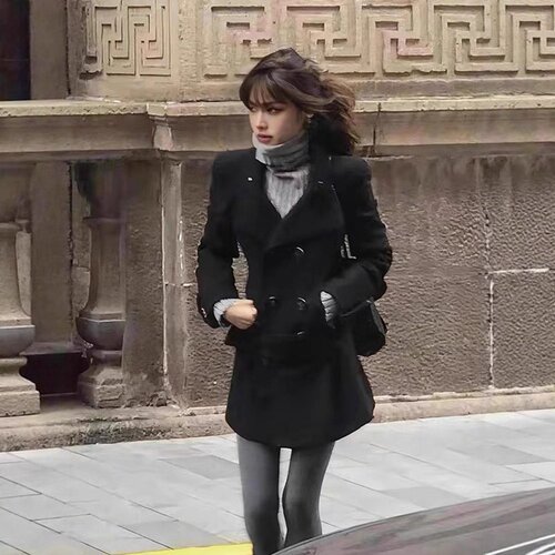 ranran同款双排扣毛呢大衣外套女