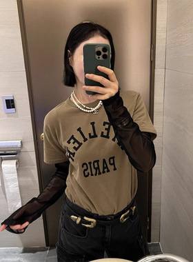 helder现H25款夏韩国东大门美式复古休闲宽松撞色字母印花长袖T恤