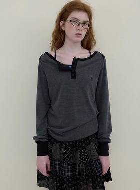 nocontent现25秋款韩国东大门宽松显瘦船领亨利扣条纹长袖T恤上衣