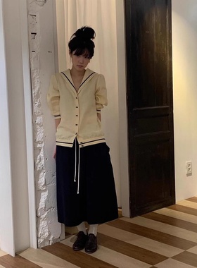 viaplain现货25秋款韩国东大门宽松单排扣海军领奶白色上衣袖衬衫