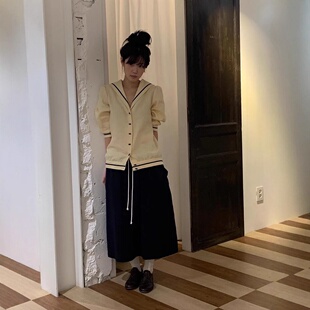 viaplain现货25秋款韩国东大门宽松单排扣海军领奶白色上衣袖衬衫