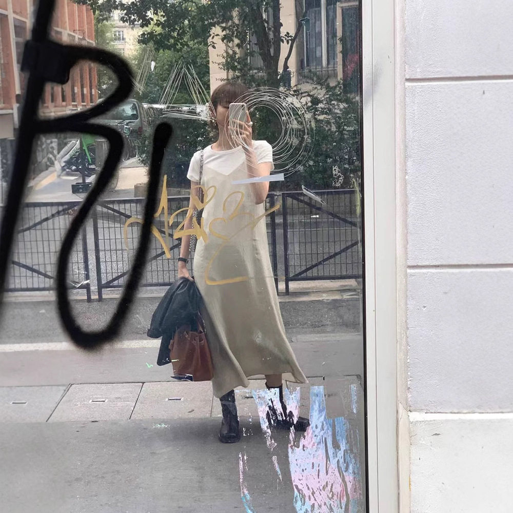 ounce现货25夏款韩国东大门简约纯色V领气质百搭醋酸吊带连衣裙女