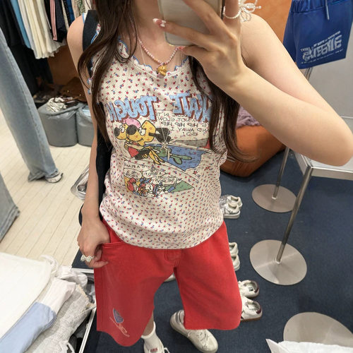 2NDK美式甜妹碎花卡通木耳边吊带