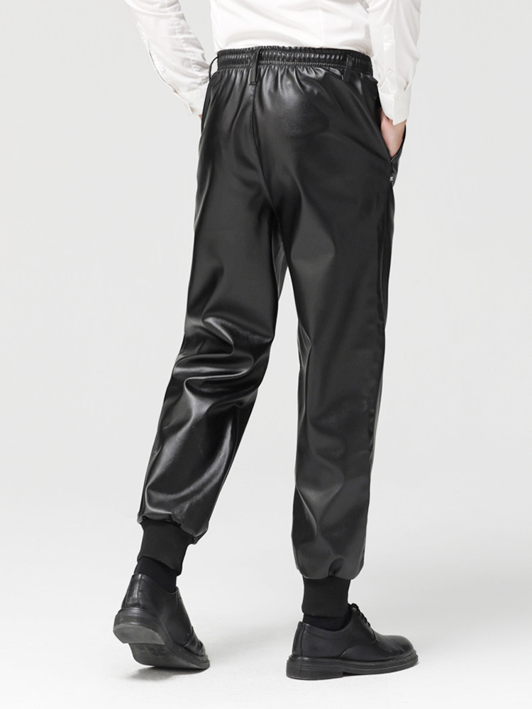 SPRING AND AUTUMN STYLE THREADED MOUTH LEATHER PANTS MENS LOOSE WATERPROOF AND OILPROOF TAKEAWAY CYCLING PANTS FOR MIDDLE-AGED AND ELDERLY WINDPROOF AND WEAR-RESISTANT OVERALLS