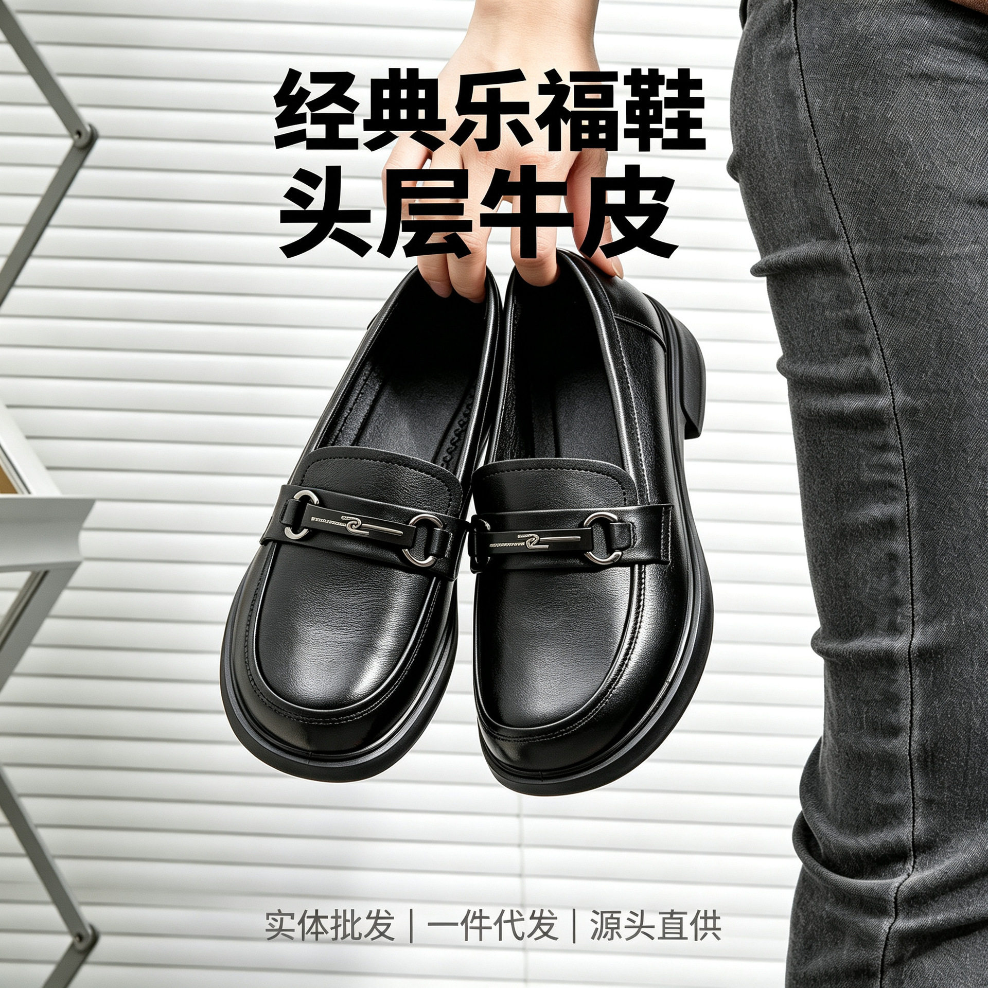 头层牛皮乐福鞋女软底舒适防滑轻便厚底一脚蹬中跟真皮女工作单鞋