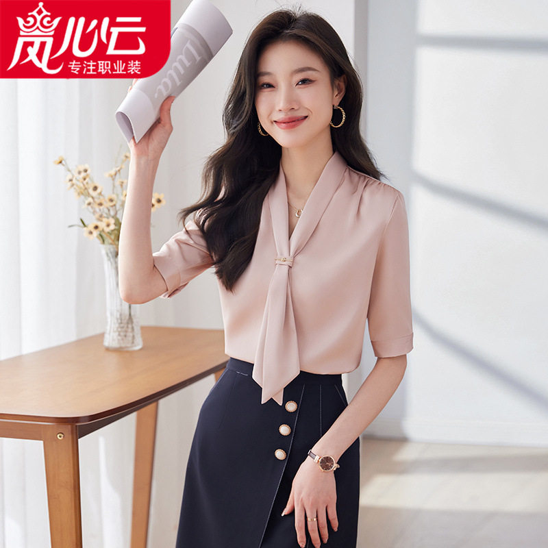 白色衬衣女夏季短袖2025新款洋气五分袖飘带V领上衣白衬衣套装裙