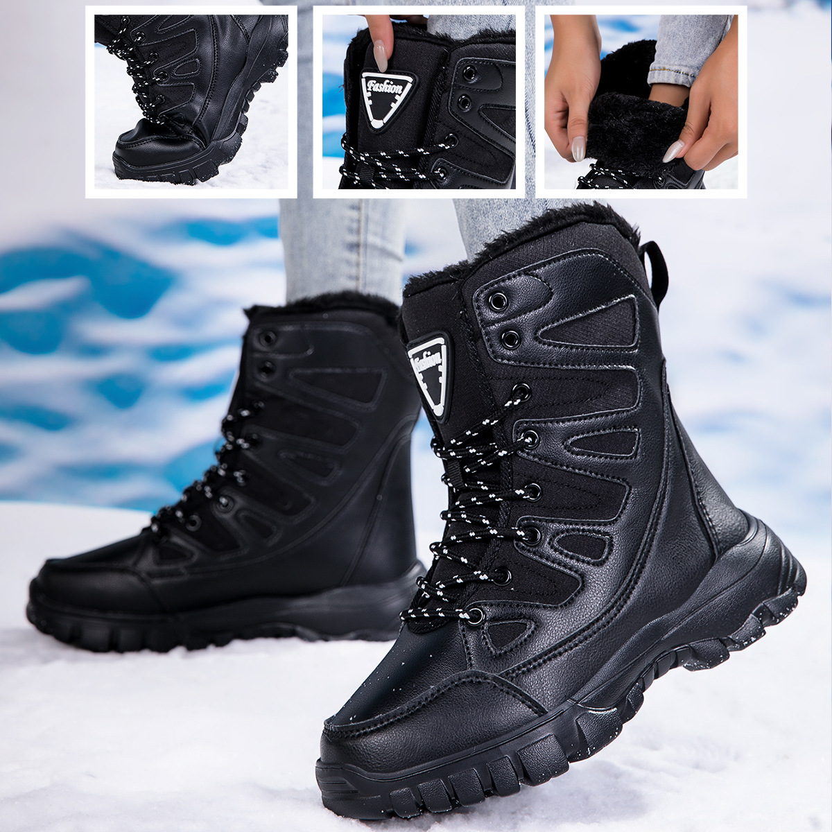 跨境雪地靴高帮大码女士单鞋户外时尚潮流运动登山鞋女单靴棉鞋