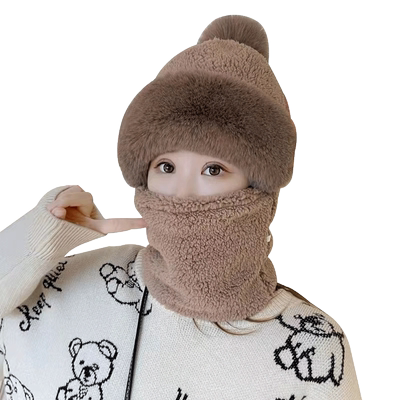 2024新款一体帽子围巾女加绒加厚保暖毛绒冬防寒护耳围脖可爱连帽