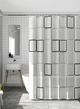 北欧风格浴帘百搭款PEVA方格环保浴室帘防水防霉隔断帘子免打孔