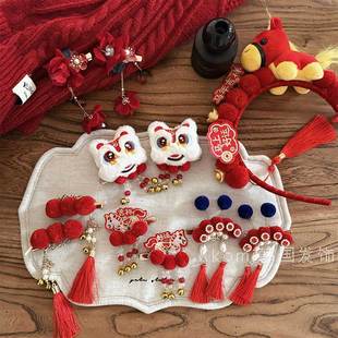 马年新年发夹儿童古风汉服头饰红色过年喜庆发卡对夹宝宝发饰夹子