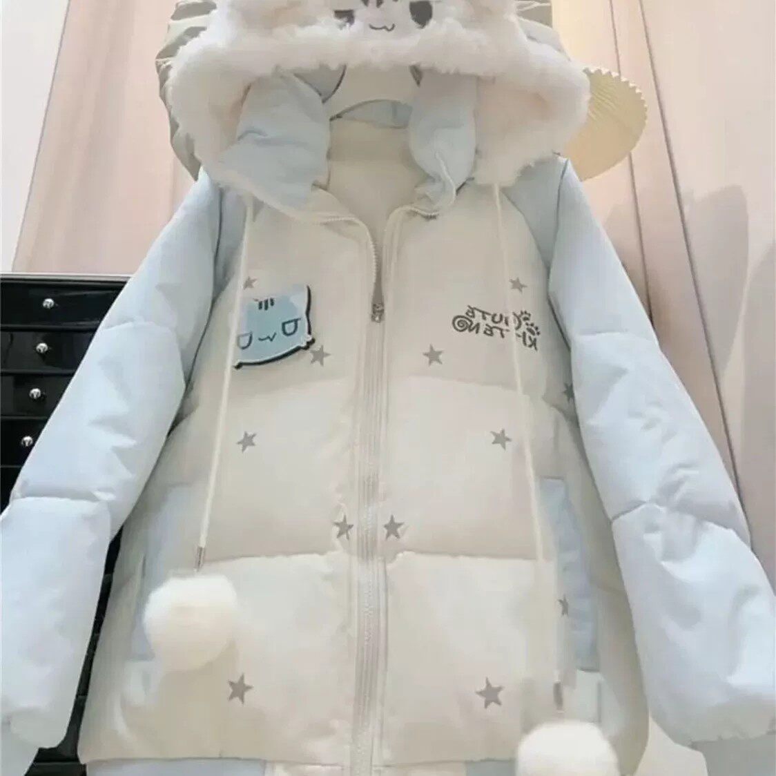 可爱魔术贴猫咪羽绒棉服女冬季新款小个子保暖夹棉袄加厚短款外套