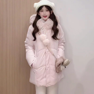 甜美毛球连帽羽绒棉服女冬季新款小个子保暖夹棉袄面包服加厚外套