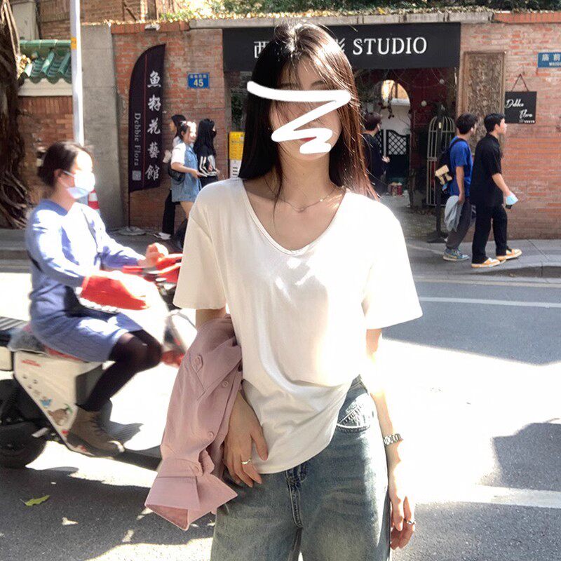 莫代尔V领纯棉短袖t恤女2025夏季新款白t正肩打底衫内搭辣妹上衣