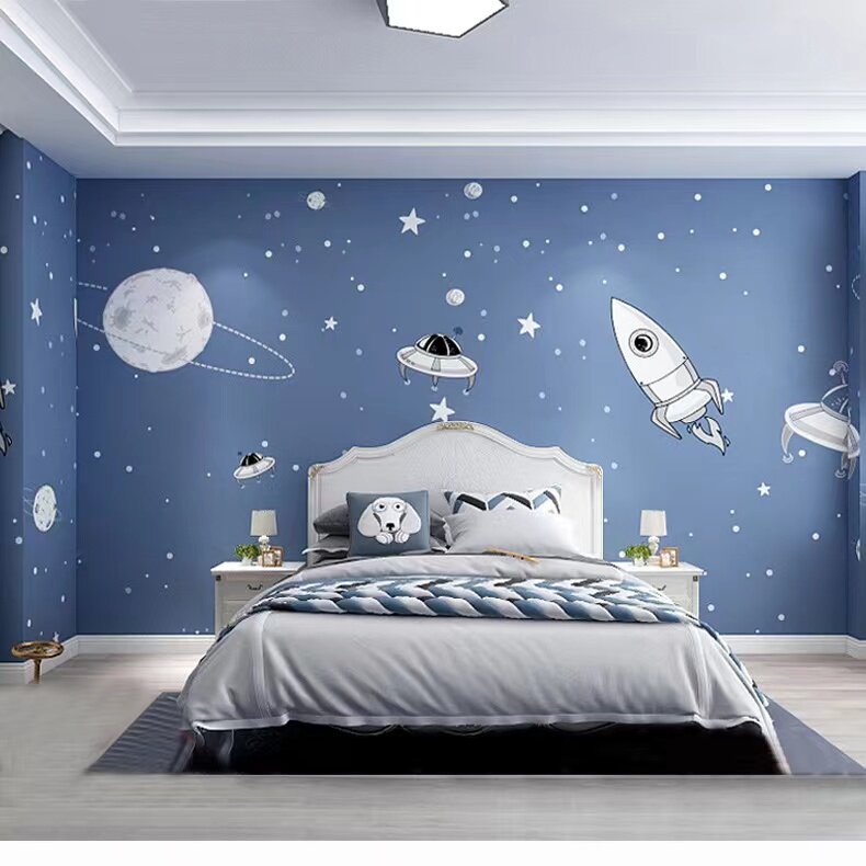 卧室壁布浅蓝色卡通宇宙星空墙纸男孩儿童房床头墙布装饰定制壁画