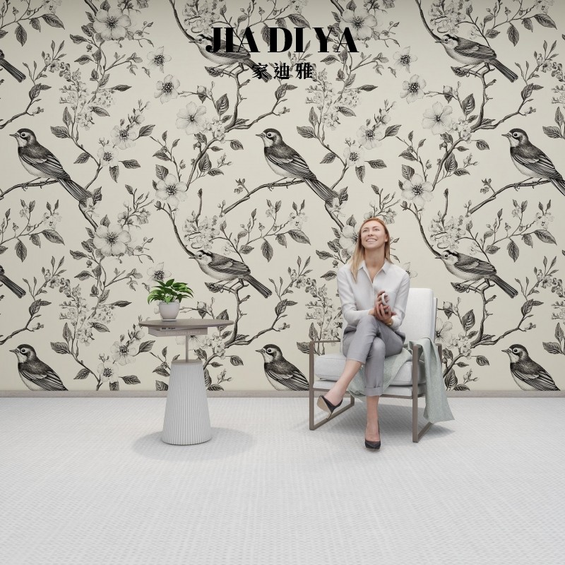 法式复古黑白花鸟装饰壁纸高级感客厅沙发电视背景墙纸卧室墙布