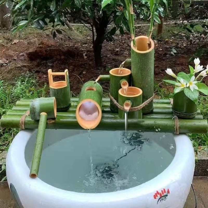 古法养鱼流水过滤器竹子流水器循环石槽鱼缸家用户外庭院摆件过滤