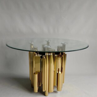 意式圆形桌方桌不锈钢钛金轻奢艺术茶几斜边钢化玻璃别墅餐台餐桌