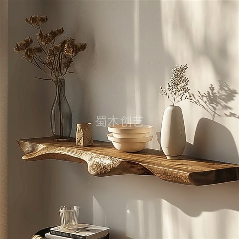原生态自然原木色不规则实木一字隔板墙上置物架层收纳定悬空创艺