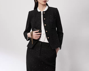 上衣朗姿同批同款 黑色羊毛小香风外套女亮丝精致短款 新款 2025秋季