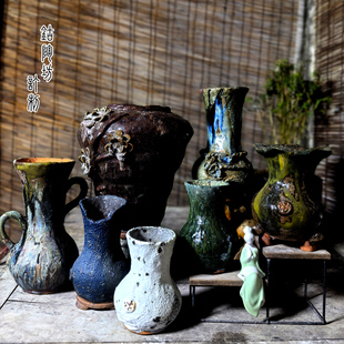高级个性精致手工粗陶花瓶插花花盆多肉植物花卉花器收口瘦高异形