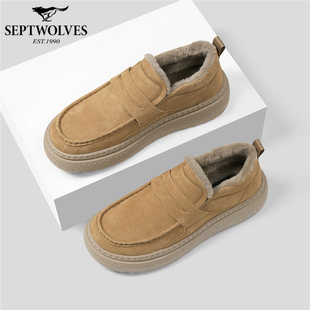 七匹狼男鞋加绒保暖豆豆鞋2025新款冬季一脚蹬懒人鞋休闲皮鞋W