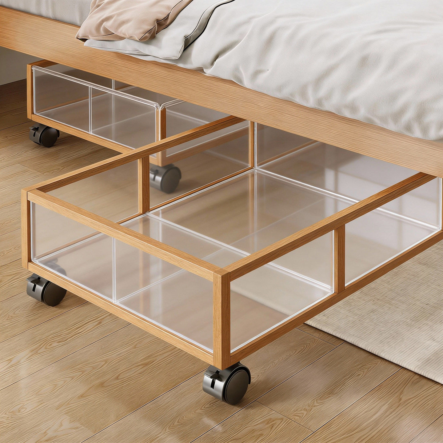 日本床下收纳箱家用床底整理箱衣服抽屉式带轮扁平大容量储物盒书