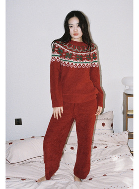 花时间生活冬季红色费尔岛风加厚针织半边绒可外穿睡衣复古家居服