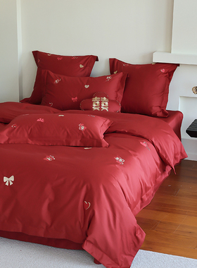 花时间生活中式婚庆全棉长绒棉贡缎四件套刺绣纯棉红色新婚床品