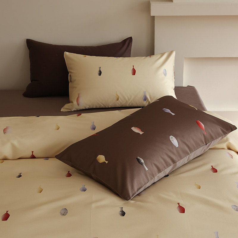 花时间生活长绒棉贡缎床品简约现代花瓶印花被套纯棉床单四件套