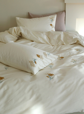 花时间生活初春清新花卉毛巾绣床单被套纯棉澳棉贡缎床上四件套