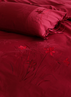 花时间生活新中式浪漫婚庆色织提花刺绣绑带婚庆红色床上四件套