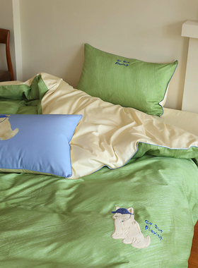 花时间生活长绒棉贡缎数码印花卡通小狗贴布绣被套纯棉床单四件套