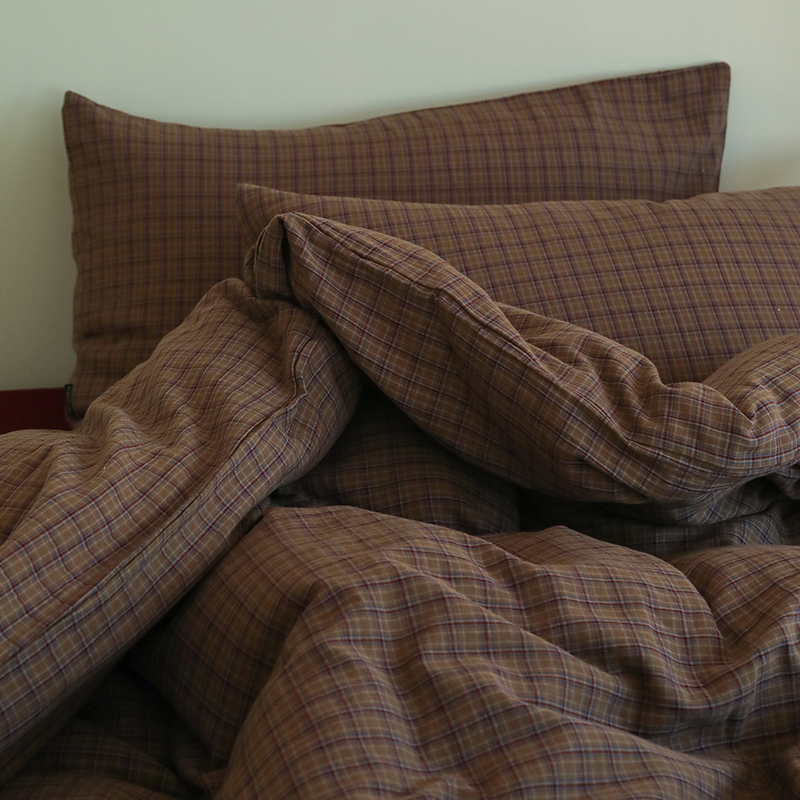 花时间生活复古格纹全棉四件套柔软床单被套透气纯棉双层纱床品