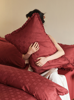 花时间生活婚庆50支纯棉提花被套柔软大红色花边喜被床上六件套